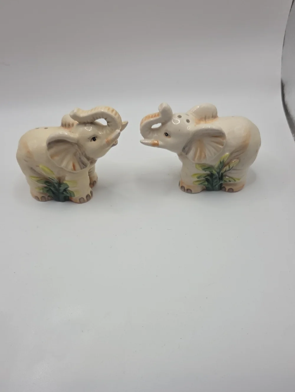 Ceramic Elephant Salt and Pepper Shakers - Cream with Green Accents